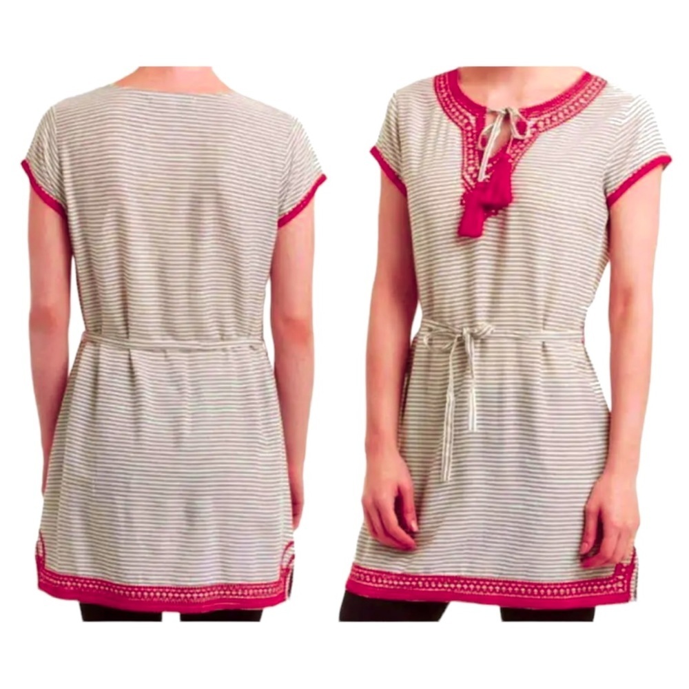 $108 Romeo Juliet Beach Bold Embroidery Tassel Tunic Small Waist Tie Striped NWT